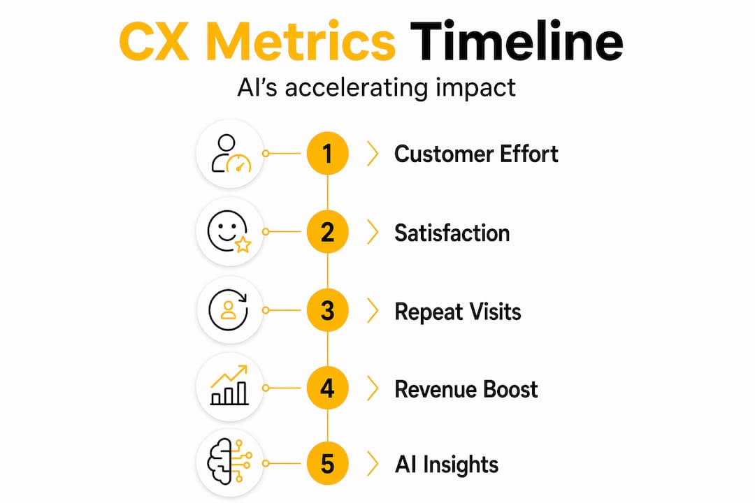 CX metrics timeline infographic with AI progression