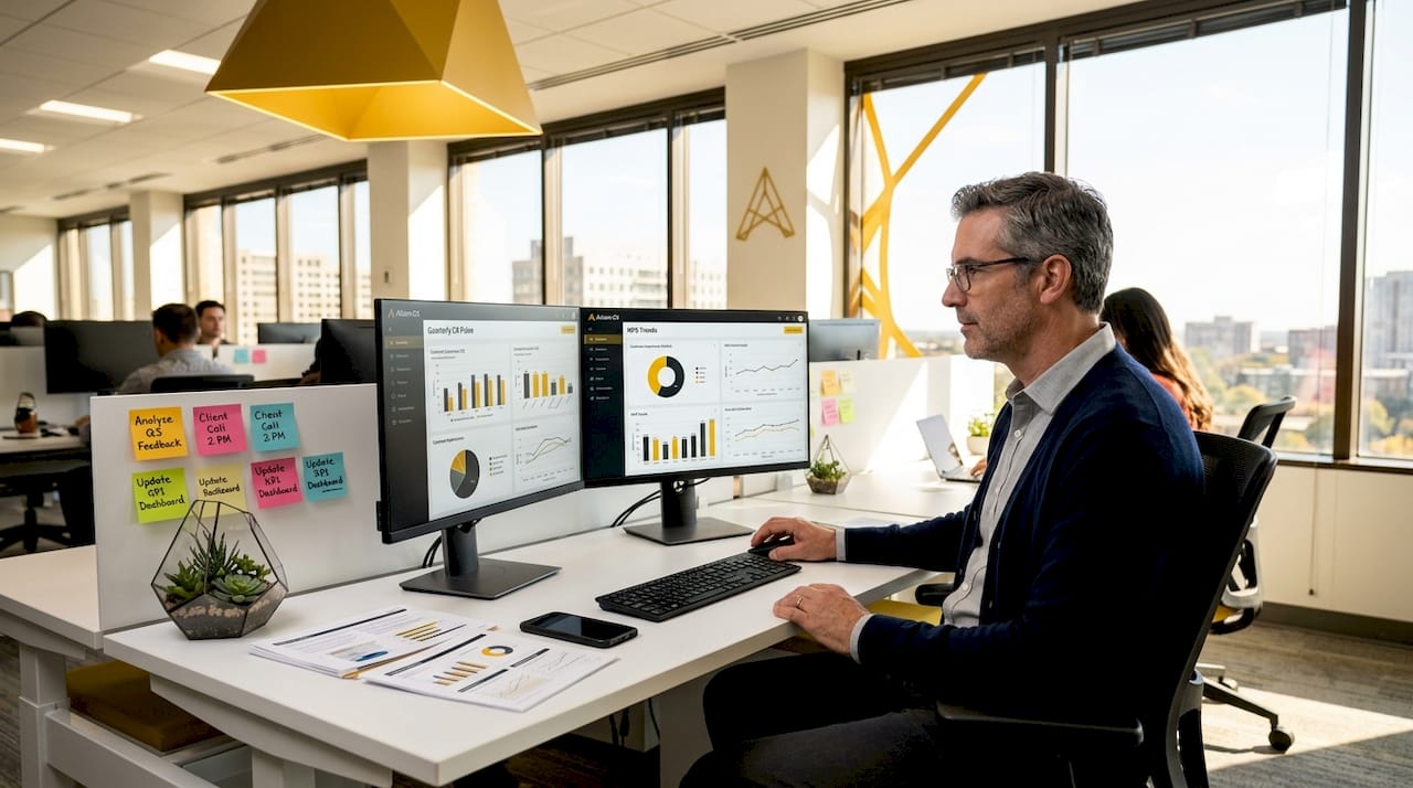 Business analyst working with CX metrics dashboards