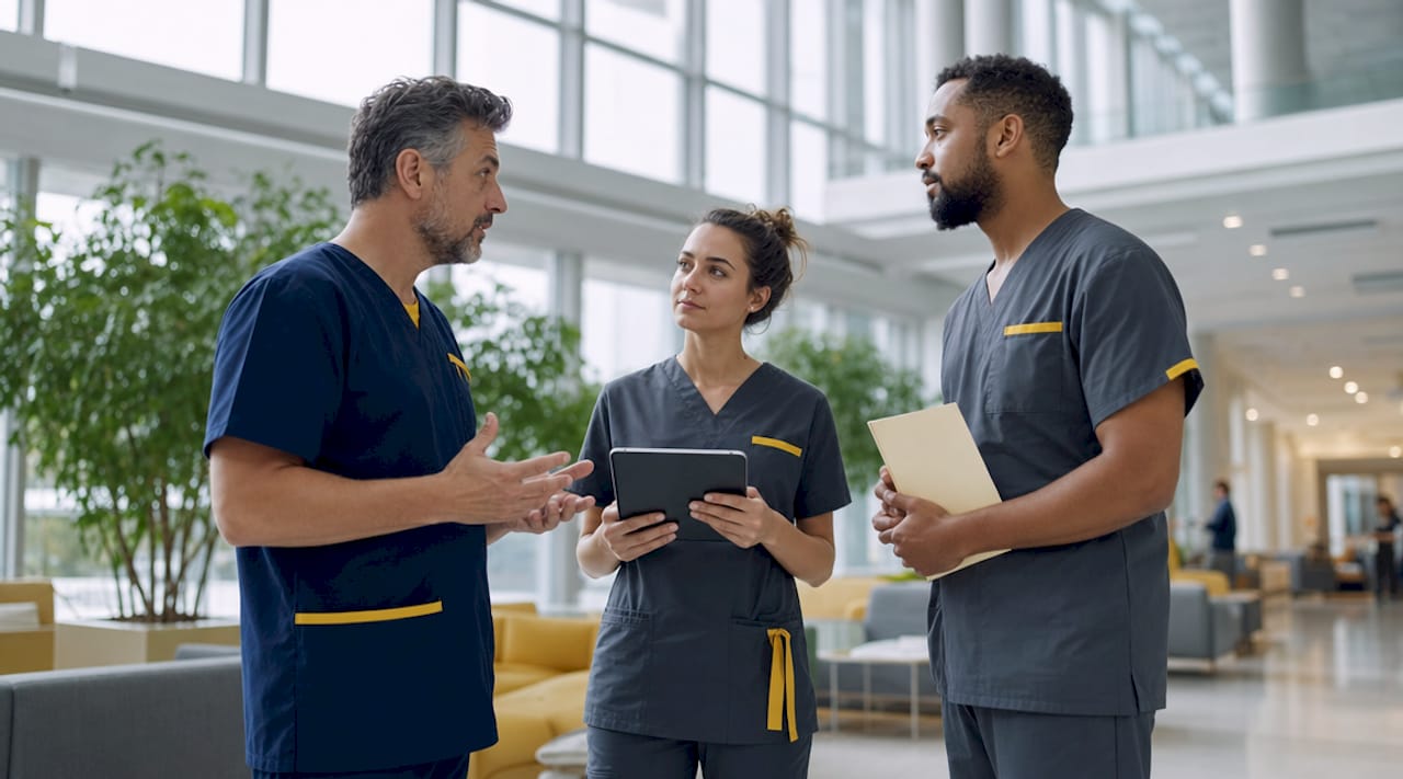 Hospital staff conducting patient rounding in corridor