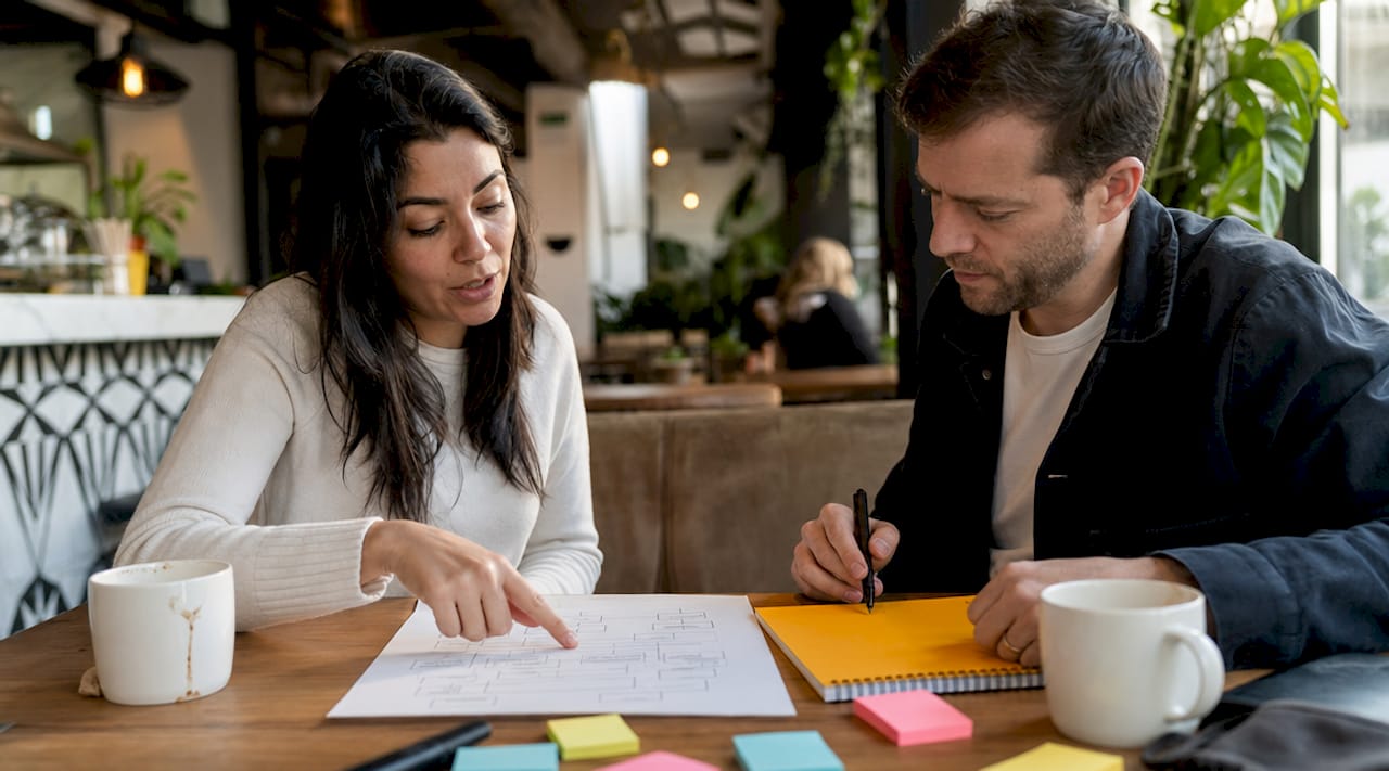 Partners reviewing law firm client journey chart