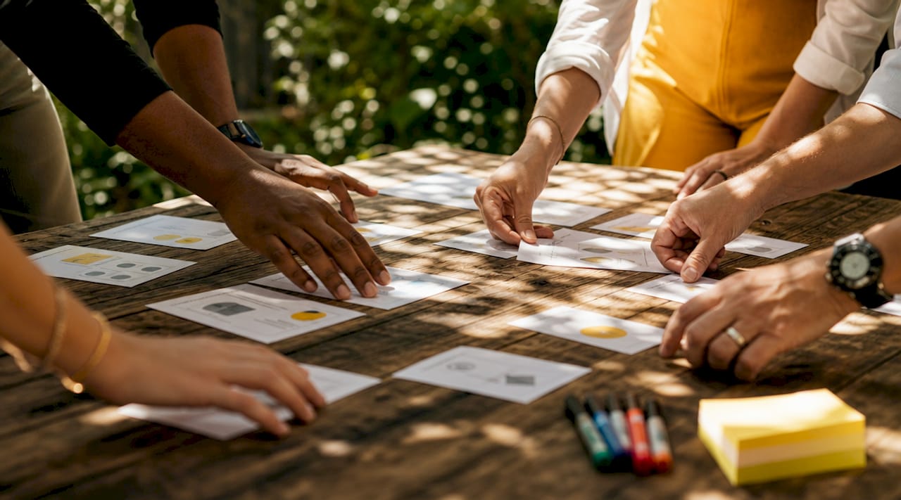 Hands arranging client communication workflow cards