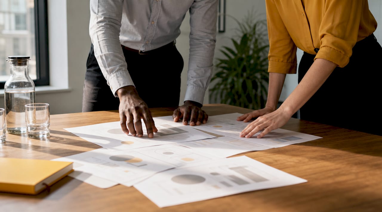 Hands organizing back-office process documents overhead view