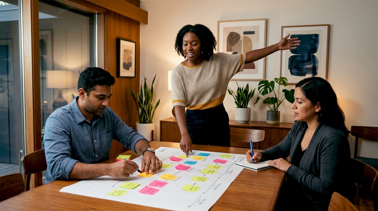 Hands organizing customer friction sticky notes