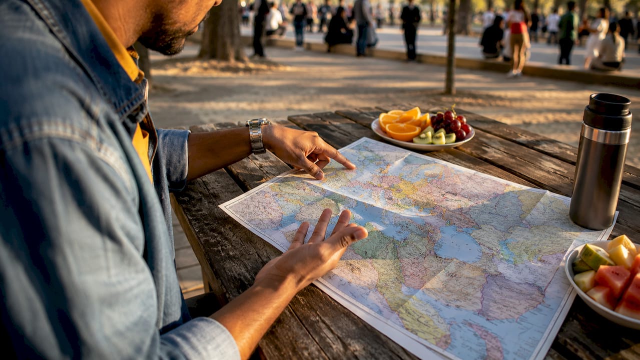 Hands pointing at map with workspace