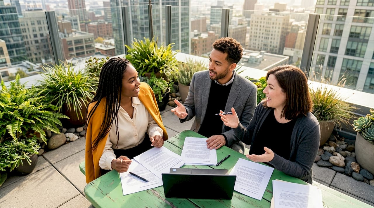 Legal team discussing outsourcing options