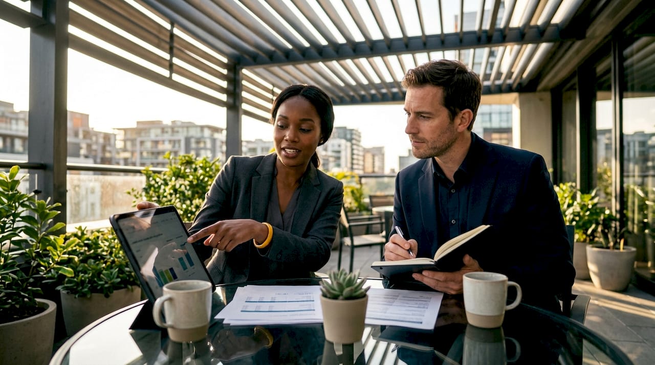 Two professionals discussing outsourcing workflows