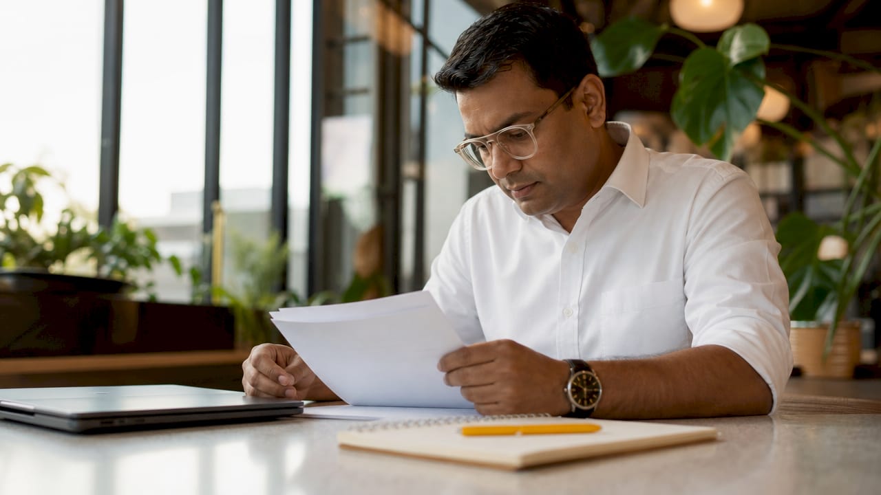 Man reviewing governance documents in coworking space