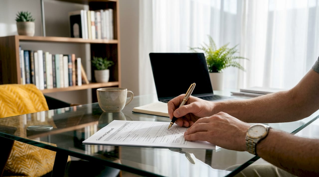 Hands marking governance scorecard at desk