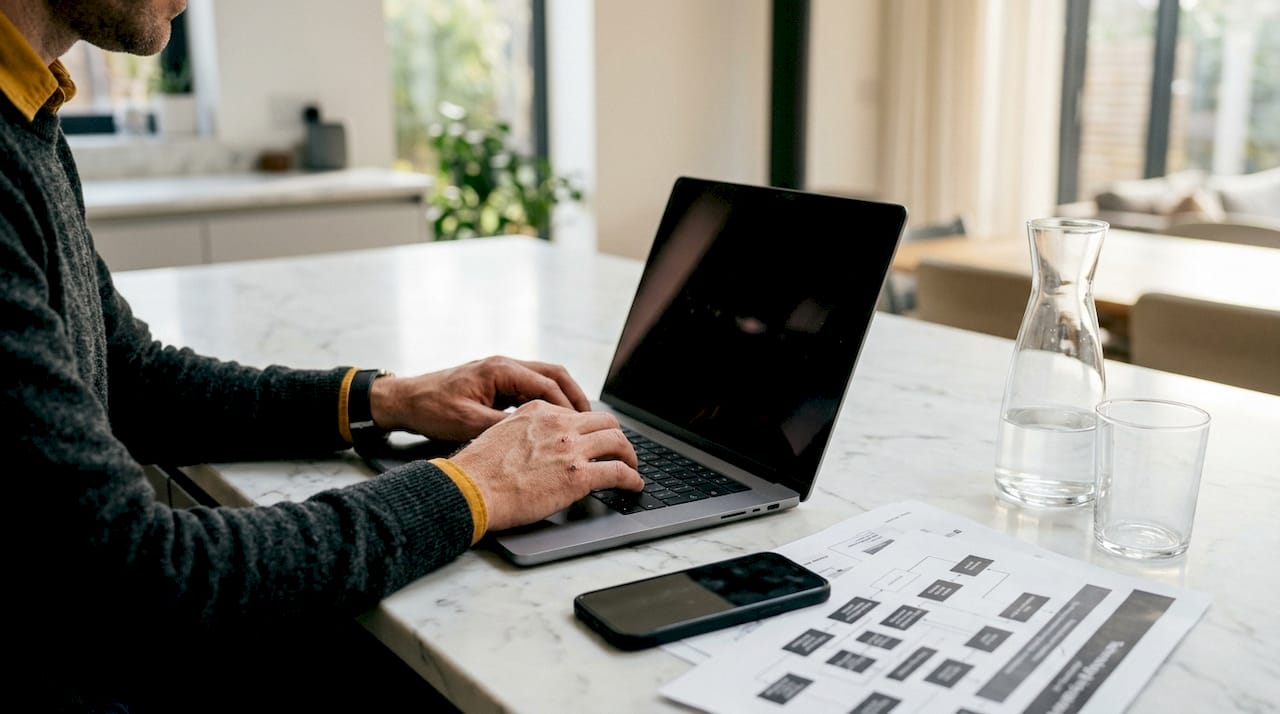 Legal ops manager hands typing on laptop at desk