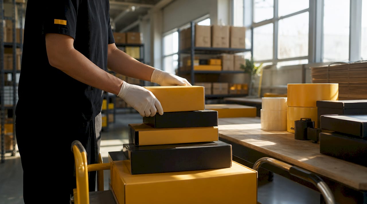 Hands scanning products at packing station