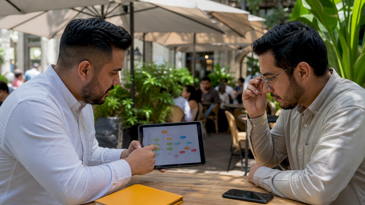 Two colleagues discussing legal document classification chart