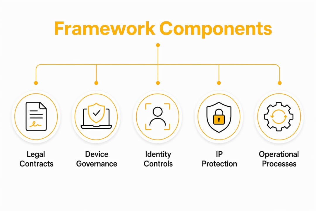 Infographic illustrating core components of nearshore compliance framework