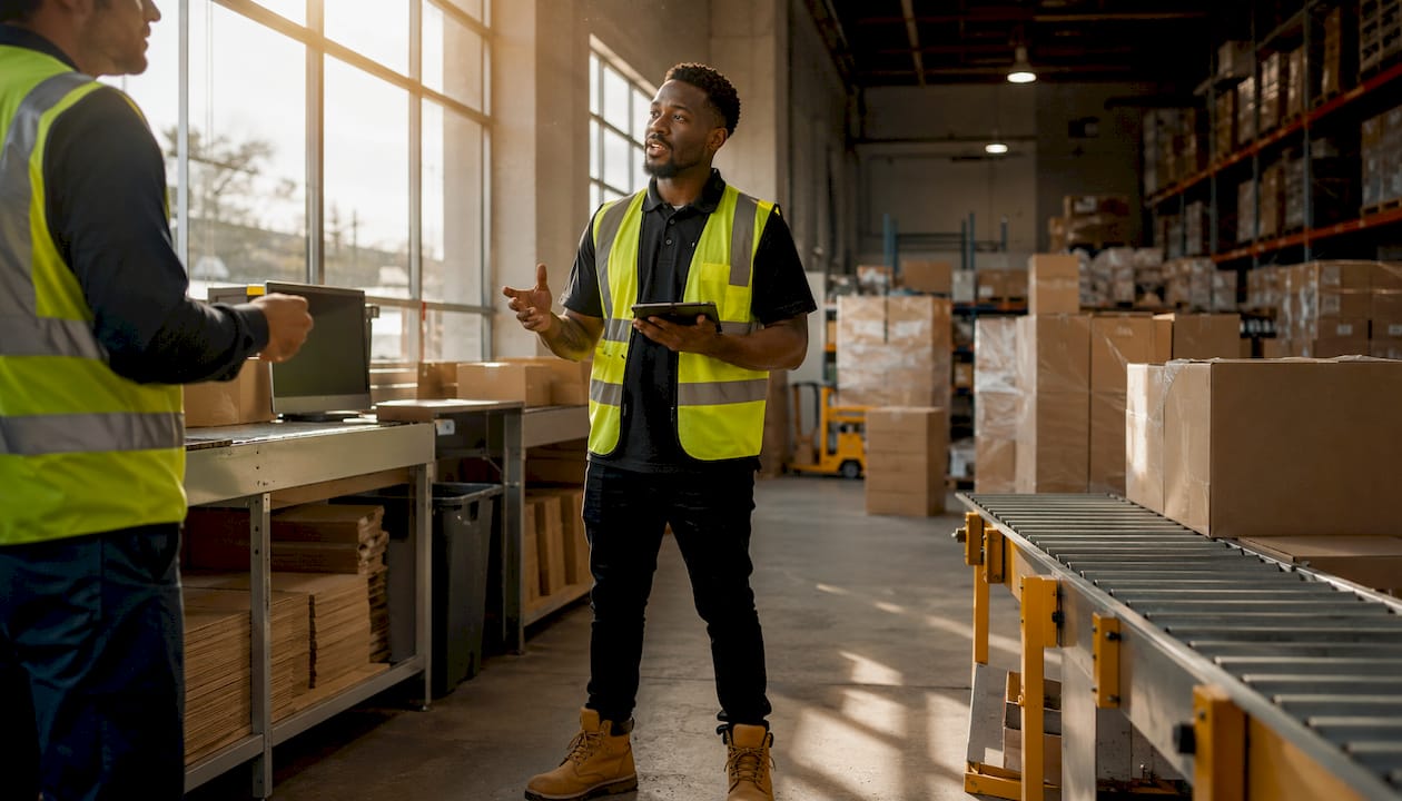 Warehouse manager using tablet near shipping shelves