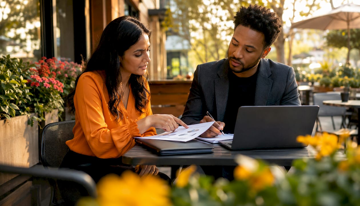 Diverse legal team collaborating over documents