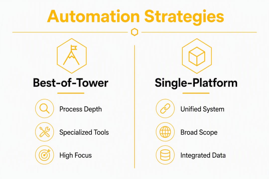 Infographic comparing best-of-tower and single-platform automation approaches