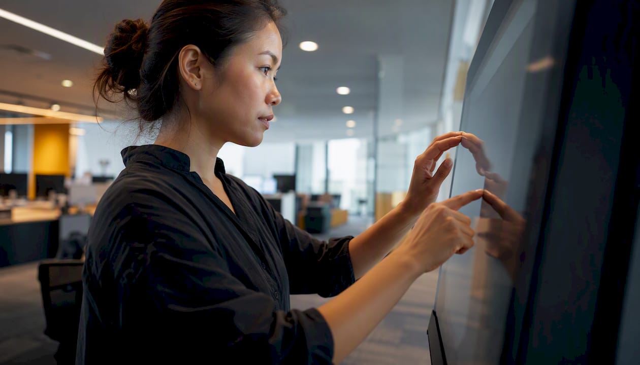 Hands tagging support ticket on touchscreen