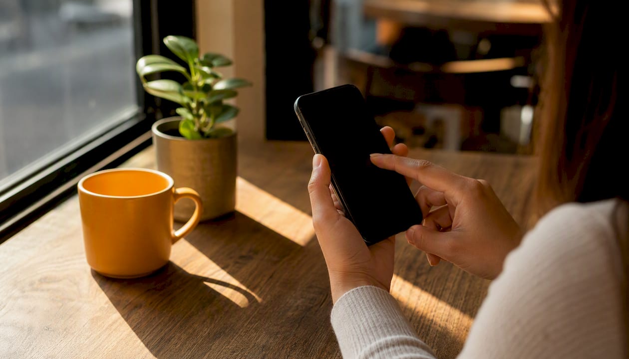 Hands typing a message on smartphone