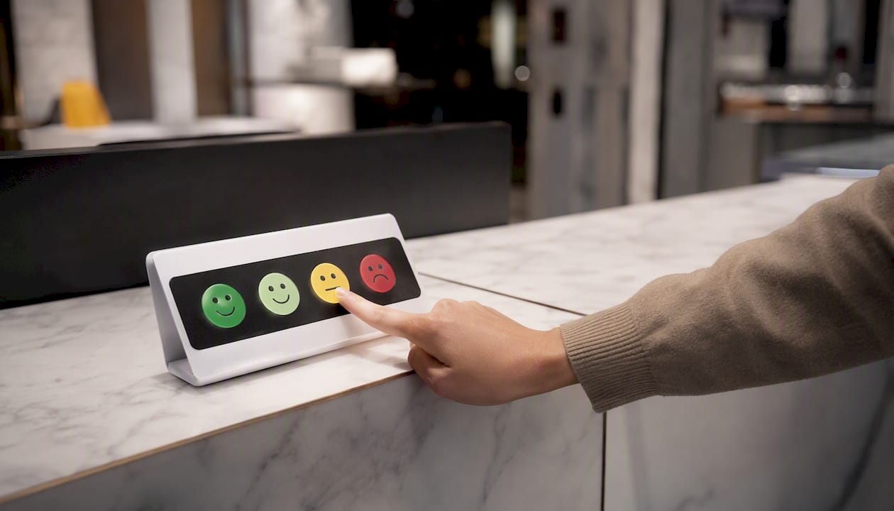 Hand pressing retail customer feedback button