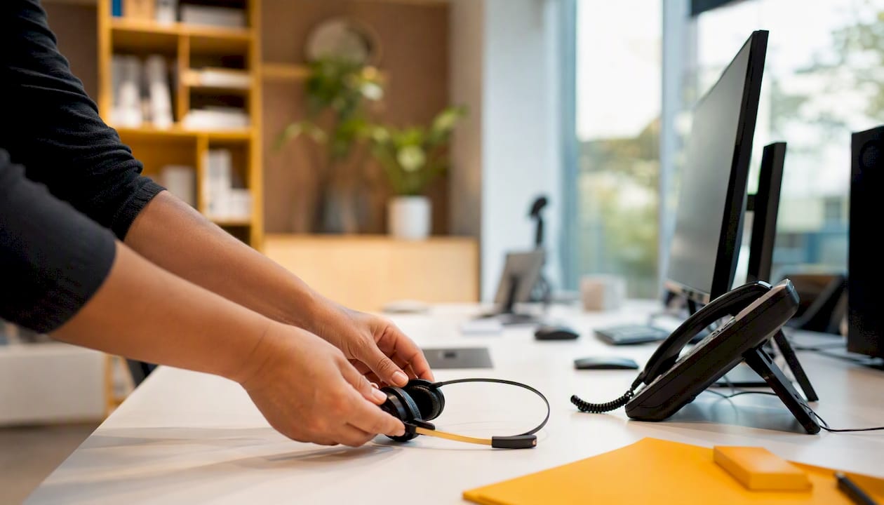 Hands adjusting headset in contact center