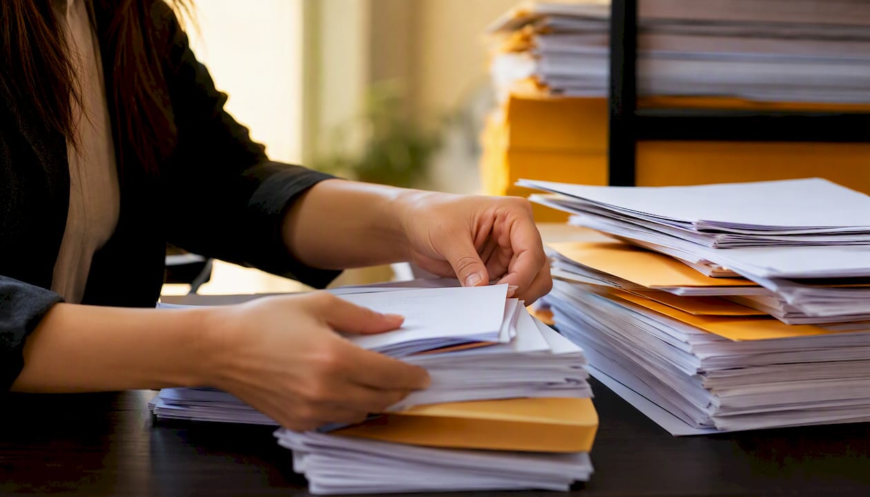 Hands sorting client documents on desk