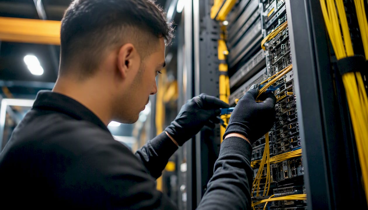Hands adjusting fiber optic cables in server rack
