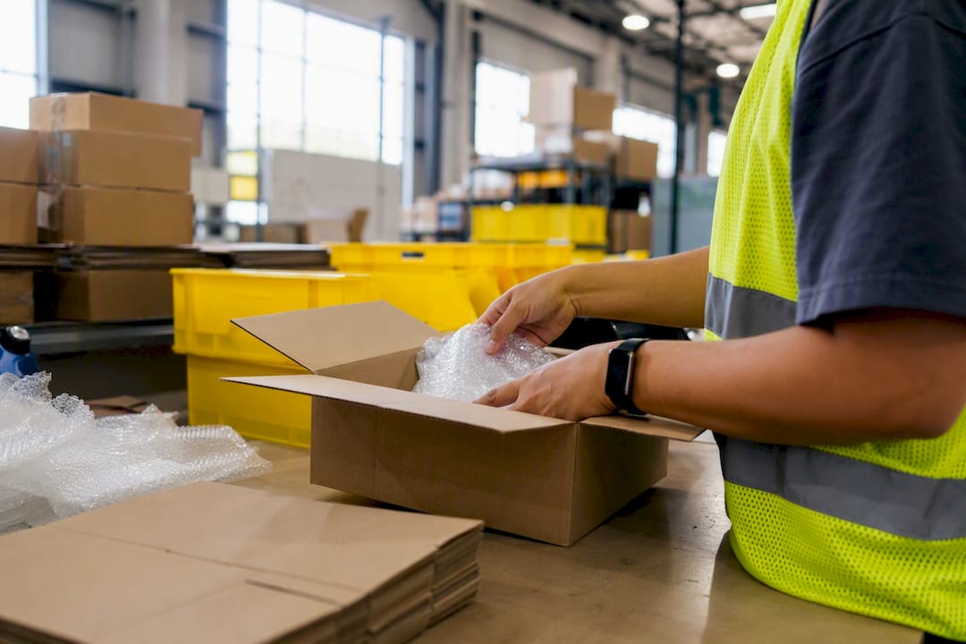 Hands scanning package label in warehouse