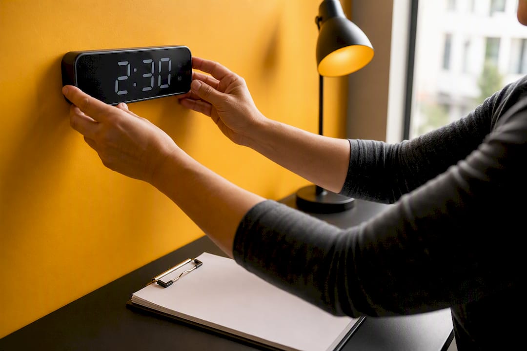 Hands adjusting clock and schedule in contact center