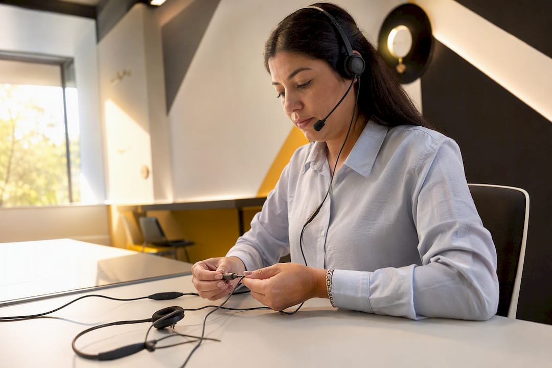 Hands wiring headset cable in service center