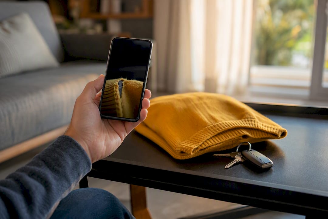 Hand holding phone with damaged product photo
