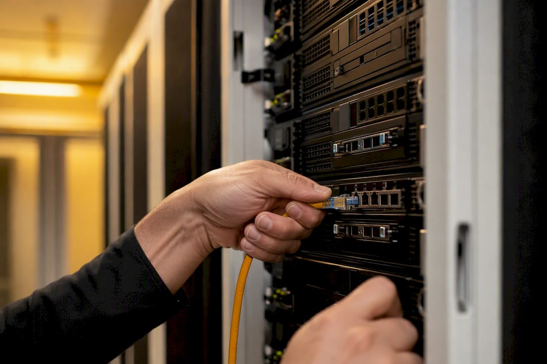 Hands connecting network cable in server rack