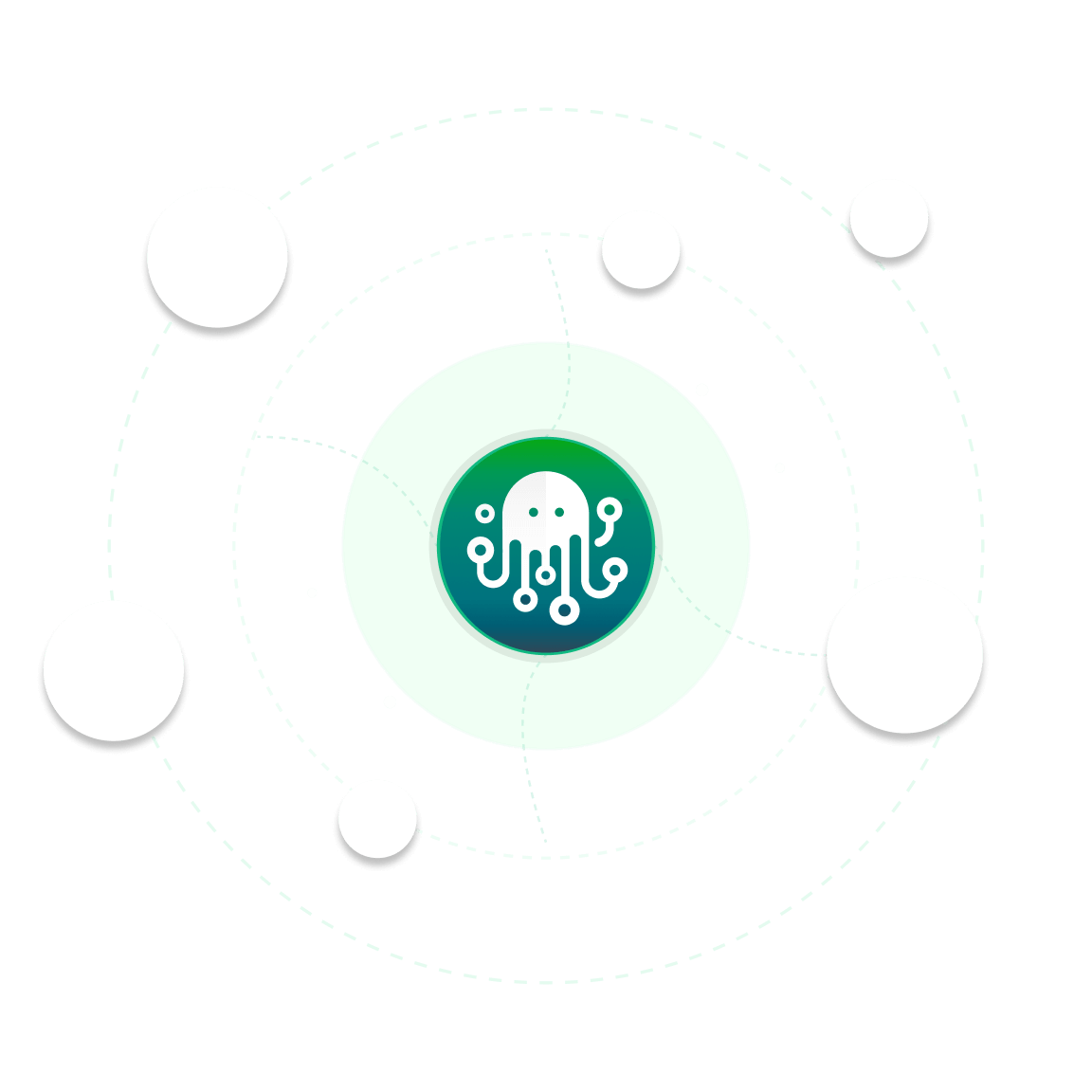 Graphic of a central green circle with the ZigiWave logo connected by dashed circular orbits to six surrounding blank white circles of varying sizes.