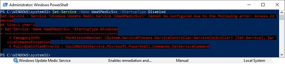 Disable Startup using Set-Service -Name WaaSMedicSvc