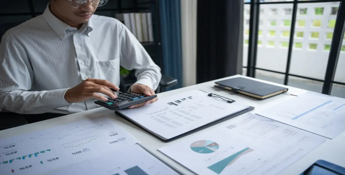 Plan de travail couvert de documents représentant la complexité de la fiscalité lors de la vente d'une entreprise