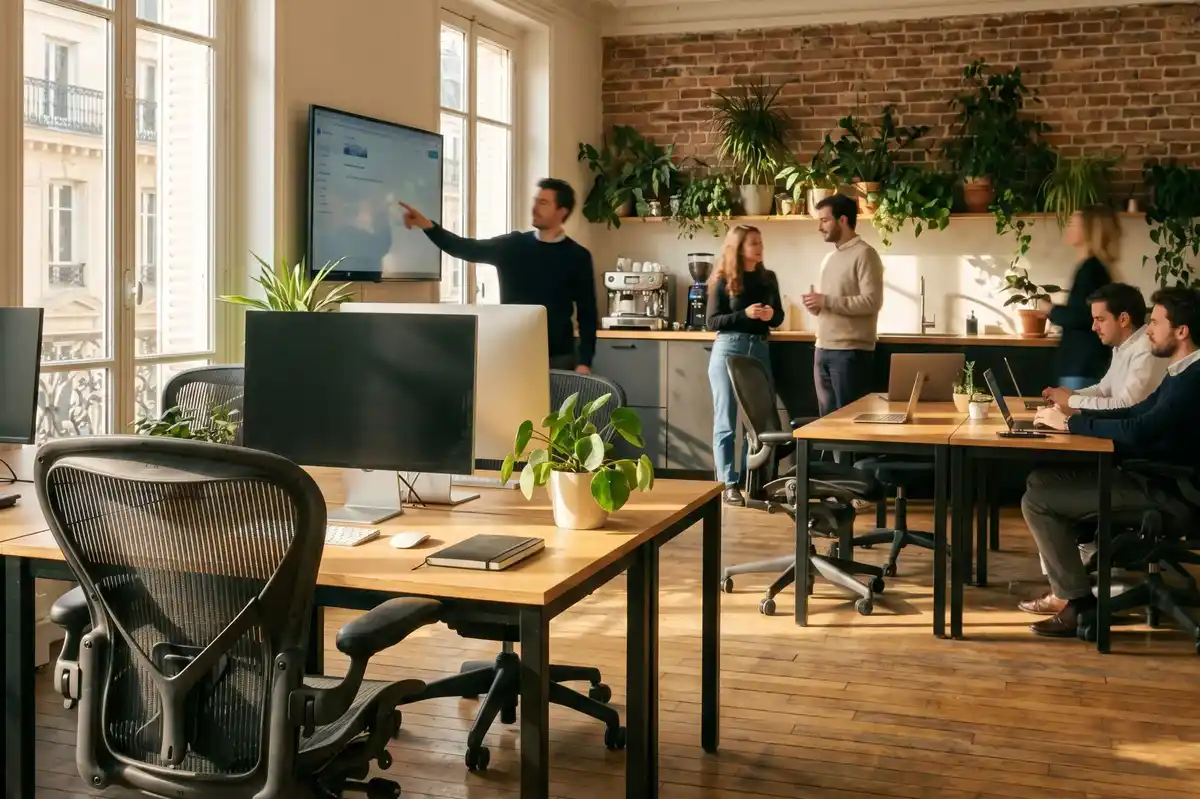 Bureau parisien avec présentation de l'intéressement pour les salariés.