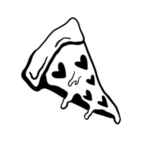 A slice of pizza with heart shaped toppings tattoo designed by Carli Cherry.