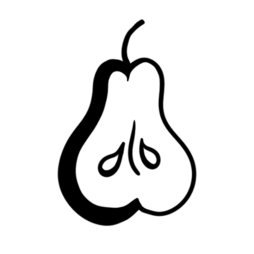 Half a pear cut in half tattoo designed by Carli Cherry.