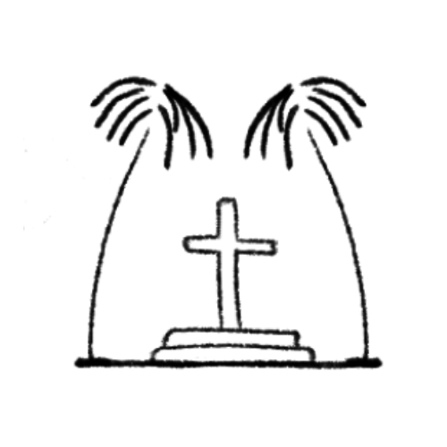 French prison style tombstone framed by two palm trees tattoo design by Kyle Huskey.