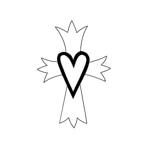 Fine line cross with heart tattoo design by Albie Brant.