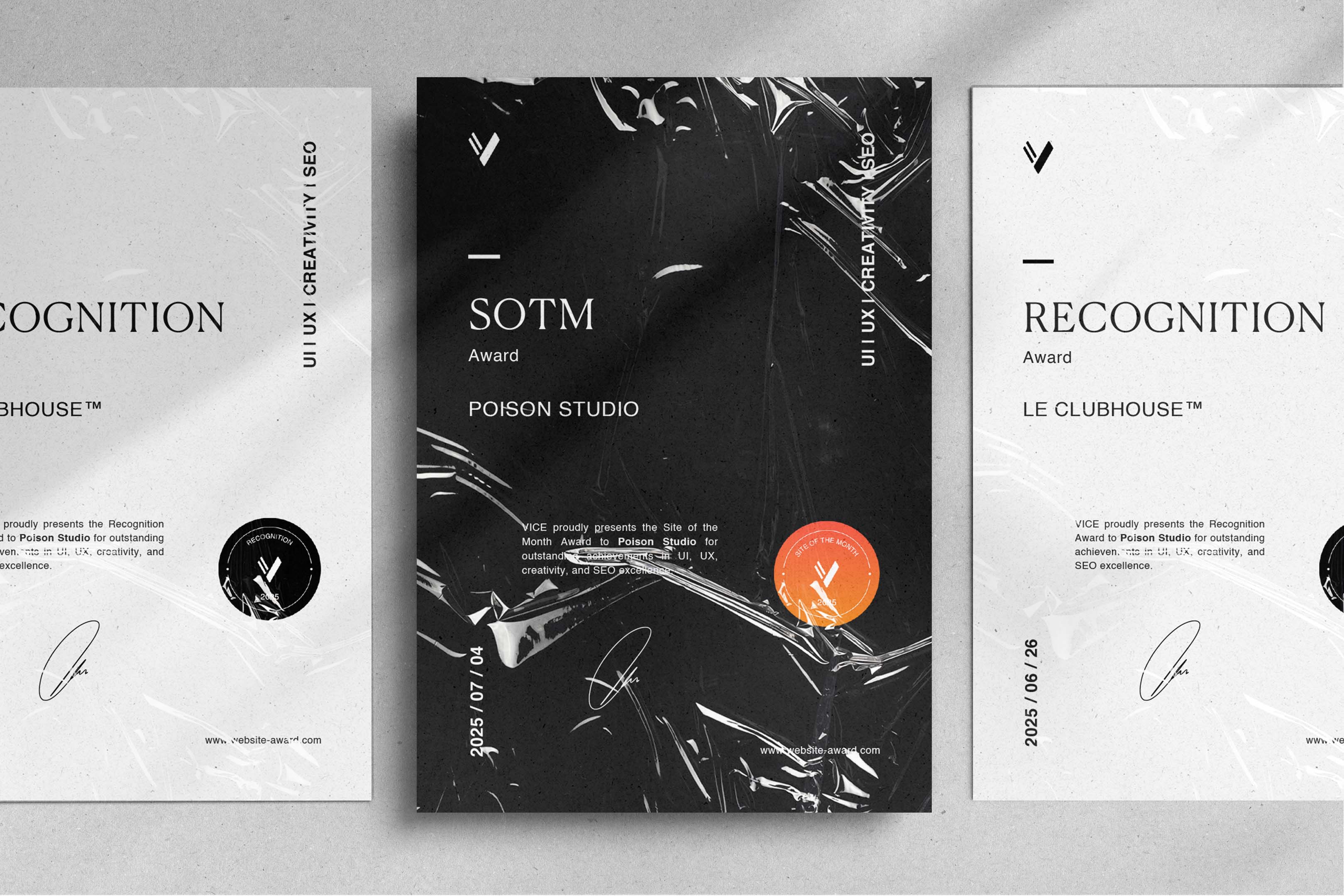 Poison Studio wins 5 awards at the Vice Web Design Awards, including Site of the Day, Site of the Month, and 3x Recognition Awards for the Bevlan Office Interiors, Le Clubhouse, and Botaniq+ websites.