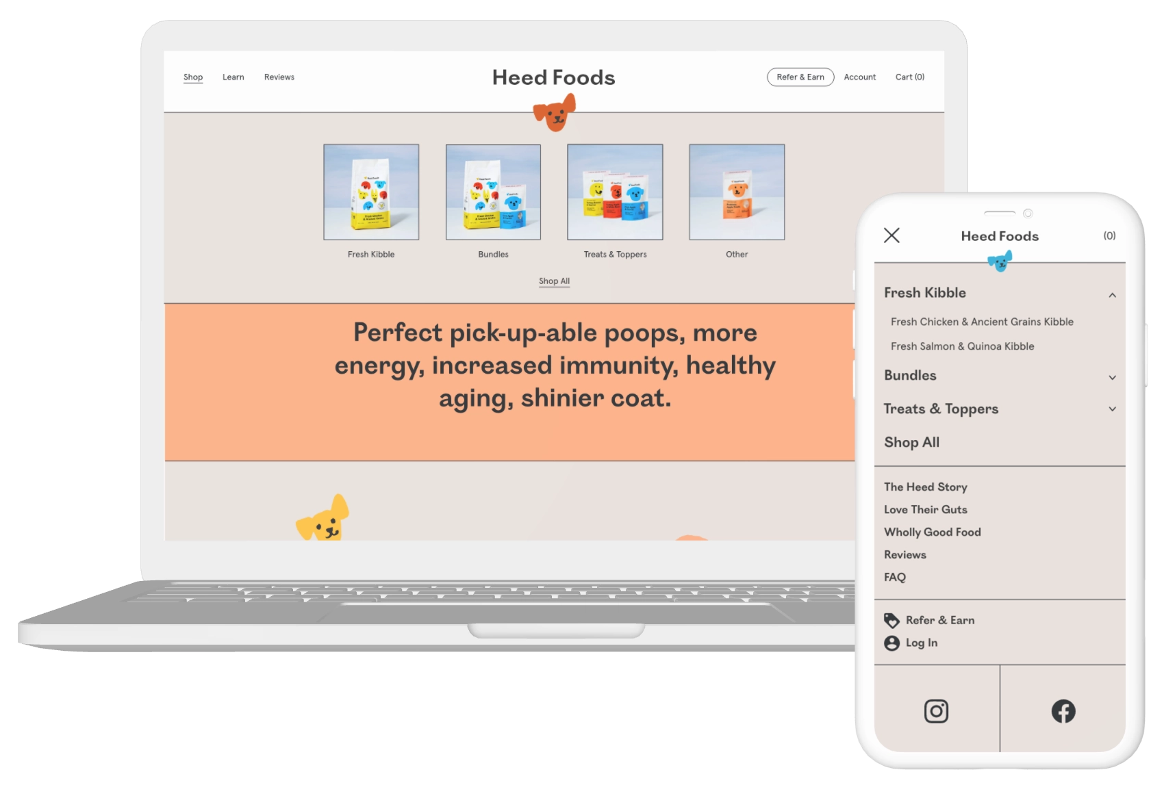 Desktop and mobile mockups of Heed Foods brand