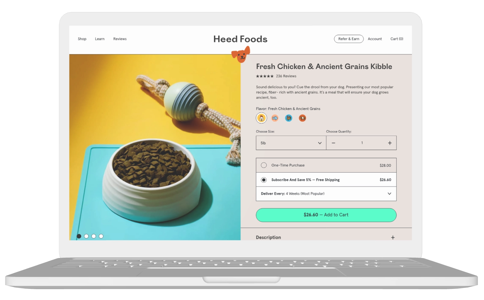 Desktop mockup of Heed Foods product details page