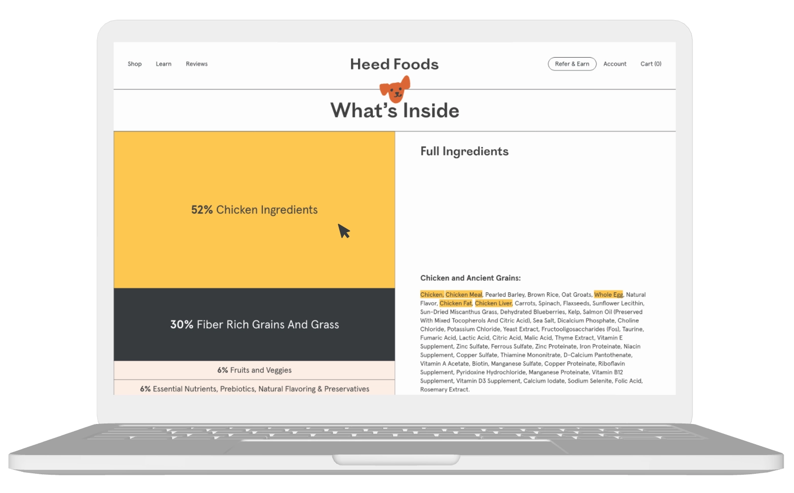 Desktop mockup of Heed Foods product details page