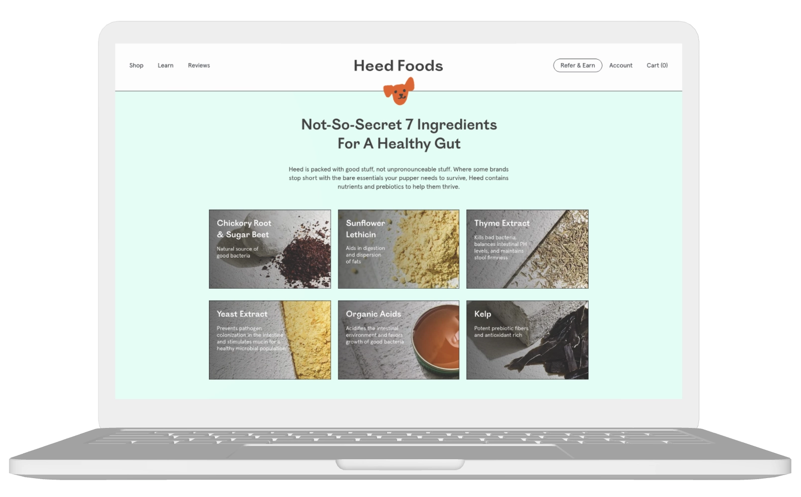 Desktop mockup of Heed Foods product details page