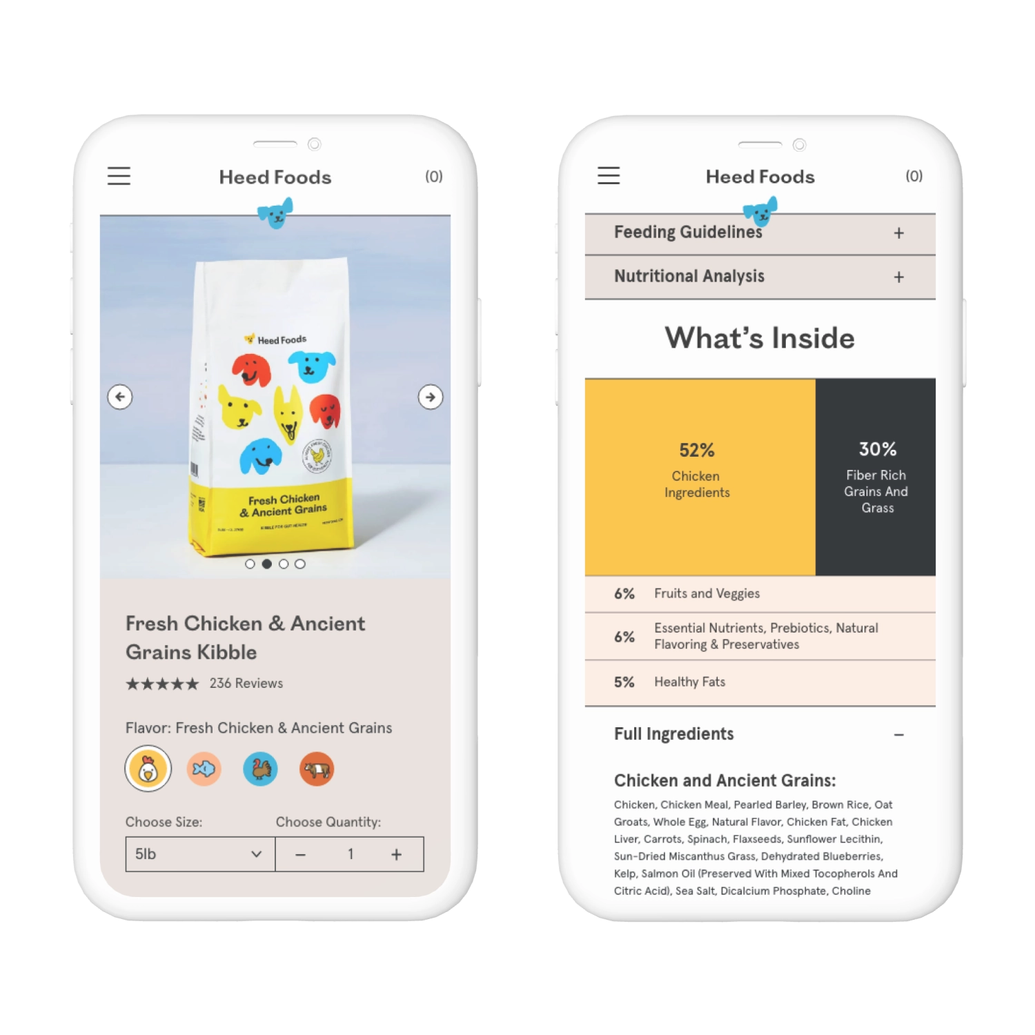 Mobile mockups of Heed Foods product details page
