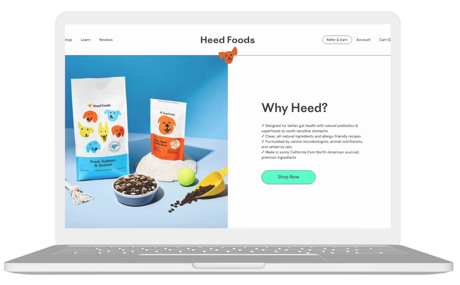 Desktop mockup of Heed Foods homepage