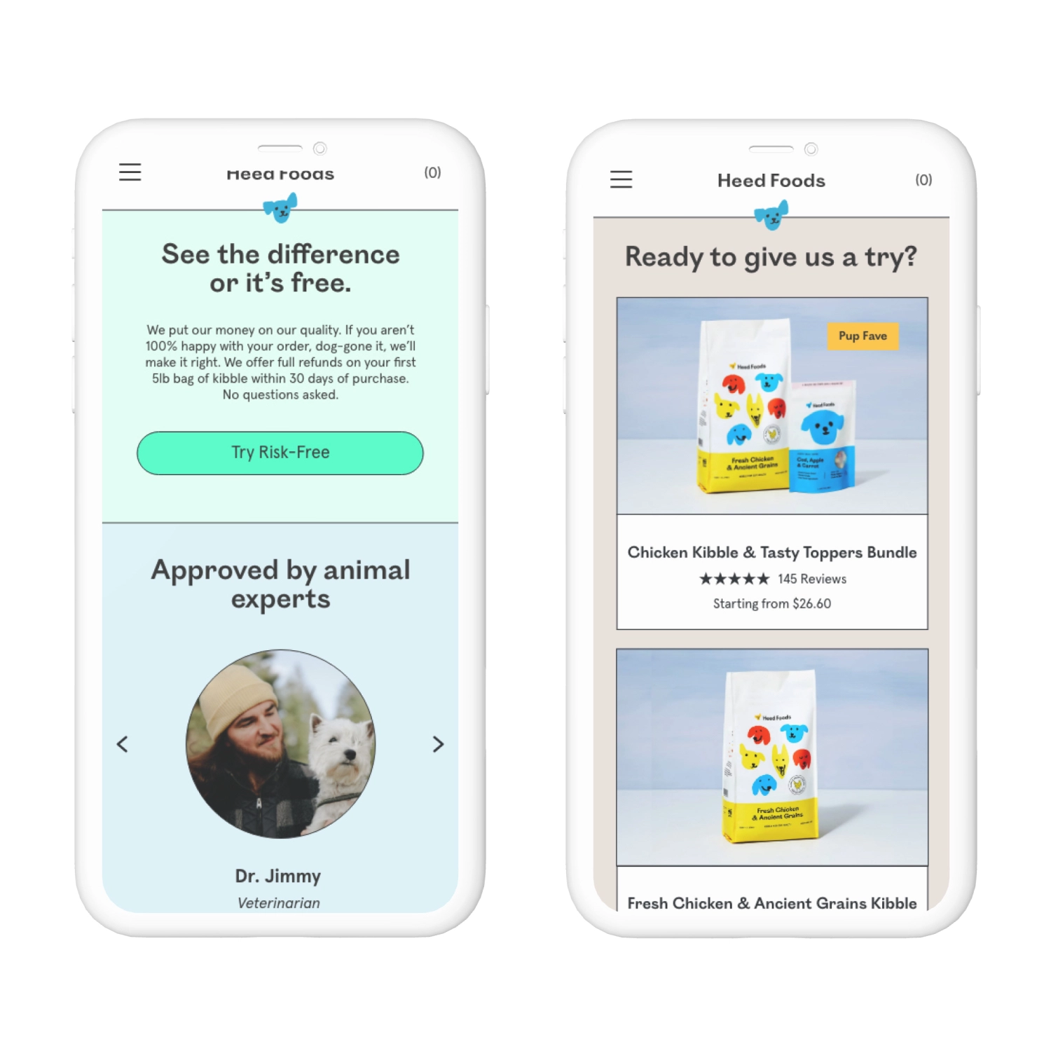 Mobile mockups of Heed Foods homepage