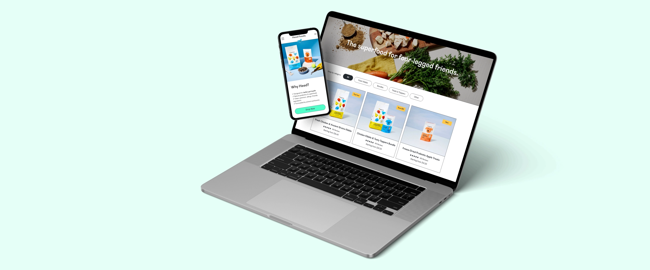 Desktop and mobile mockups of Heed Foods brand
