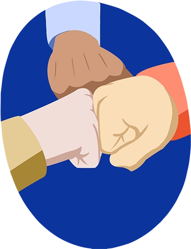 Illustration of 3 different hands fist bumping together