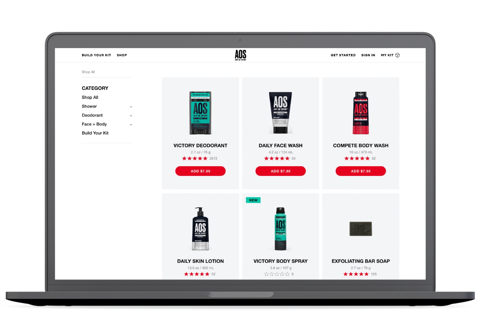 Desktop mockups of Art of Sport's product listing page