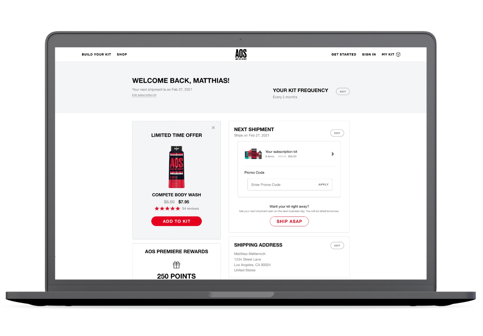 Desktop mockups of Art of Sport's account management page